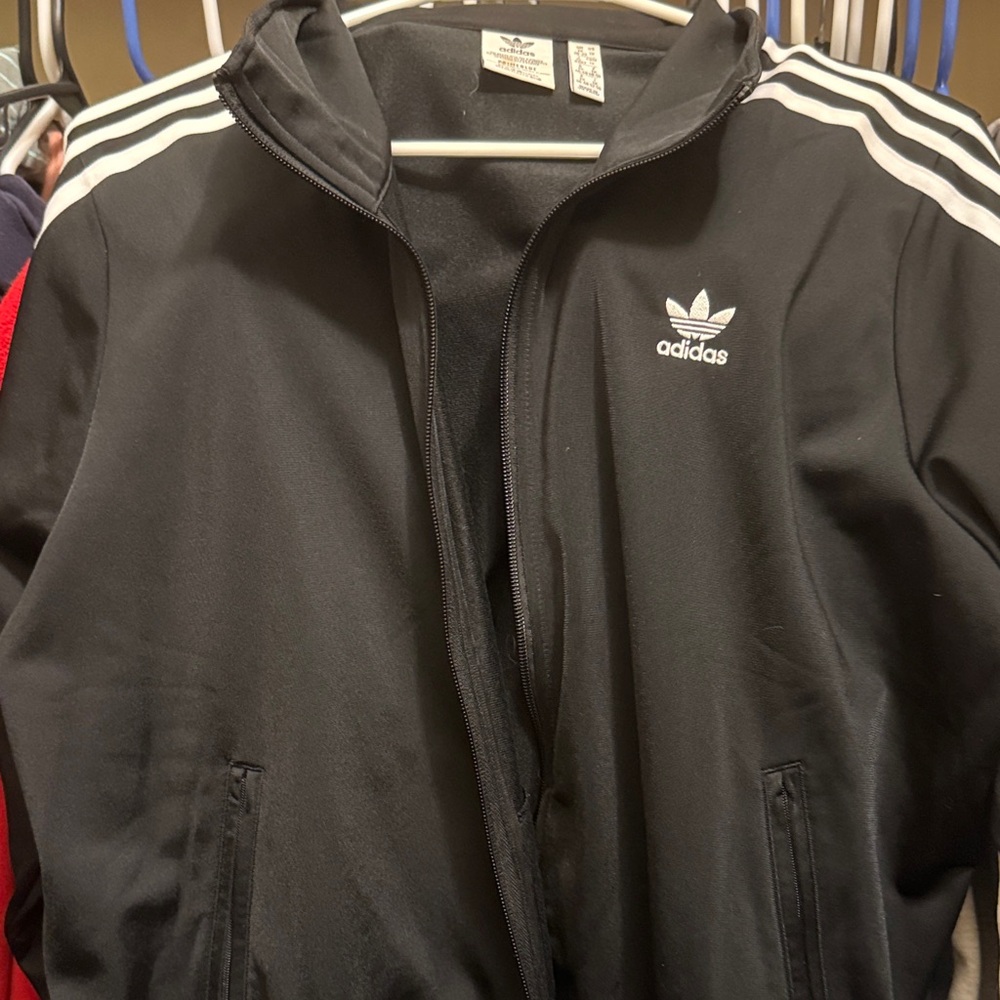 Adidas women’s Black Windbreaker with White Stripes